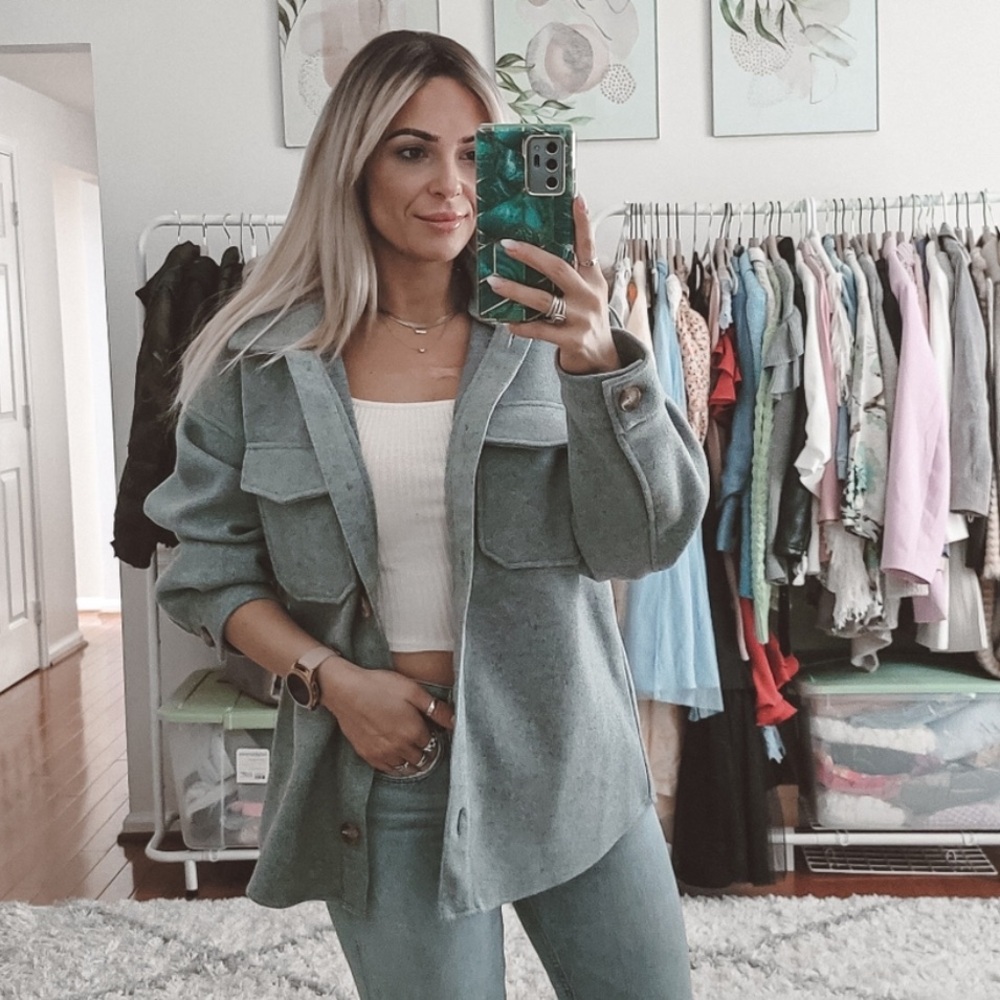 Anthropologie Avec Les Filles Blue Gray Shirt Jacket Button Front Shacket Large